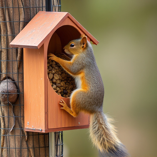 Squirrel climbing near protected bird feeder