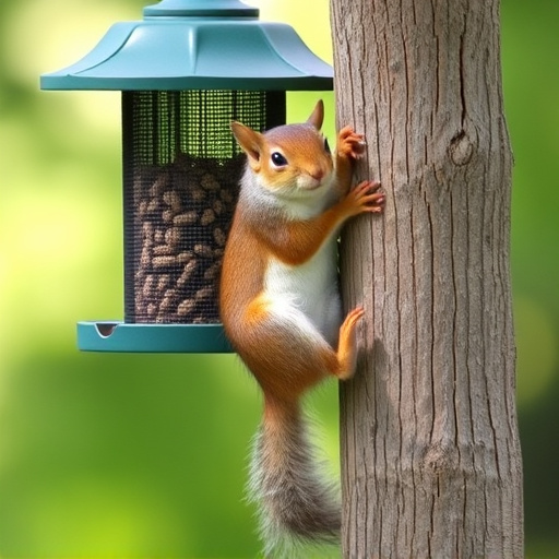 Squirrel climbing near protected bird feeder