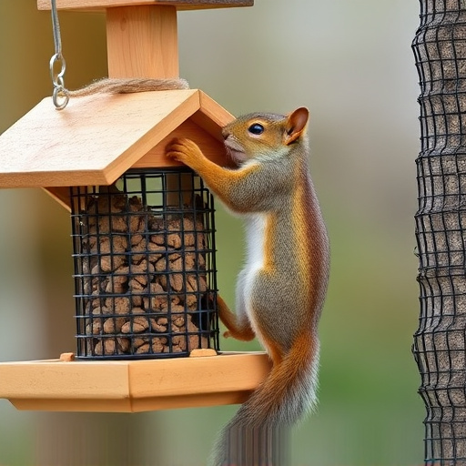 Squirrel climbing near protected bird feeder