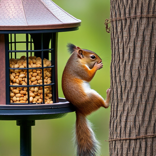 Squirrel climbing near protected bird feeder