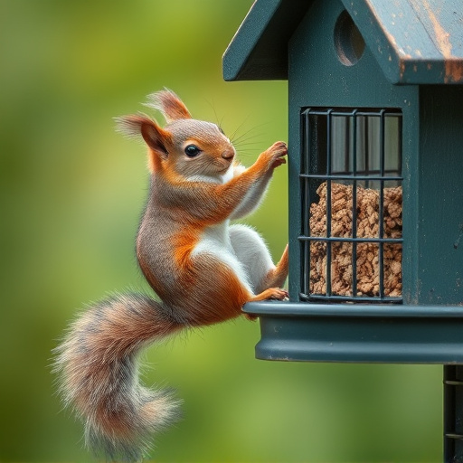 Squirrel climbing near protected bird feeder