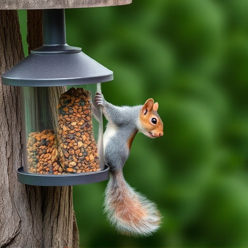 Squirrel climbing near protected bird feeder