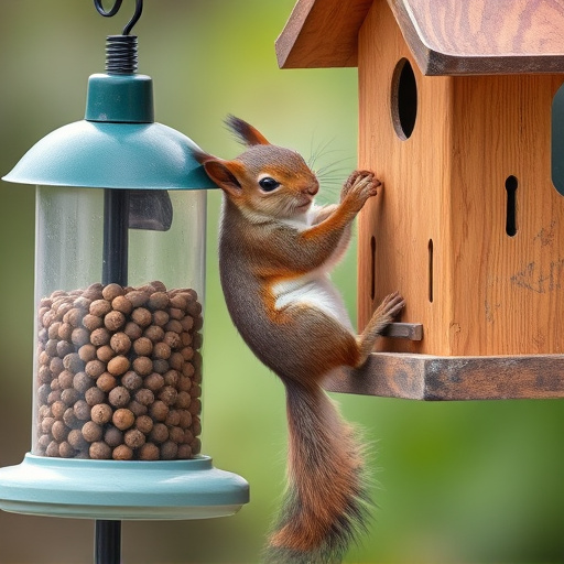 Squirrel climbing near protected bird feeder