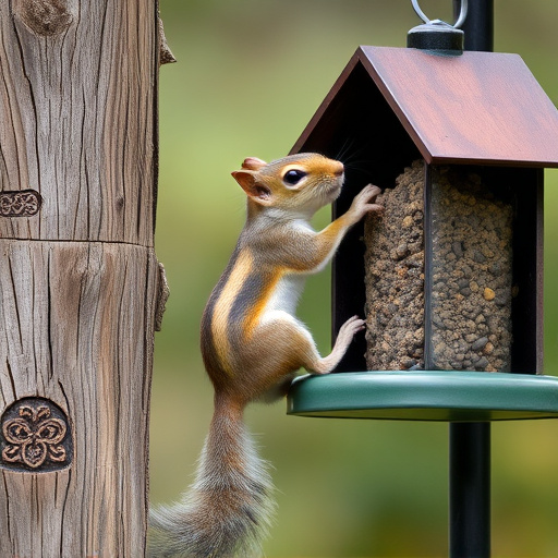 Squirrel climbing near protected bird feeder