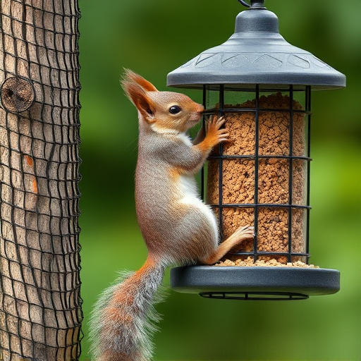 Squirrel climbing near protected bird feeder