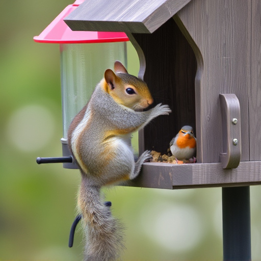 Squirrel climbing near protected bird feeder