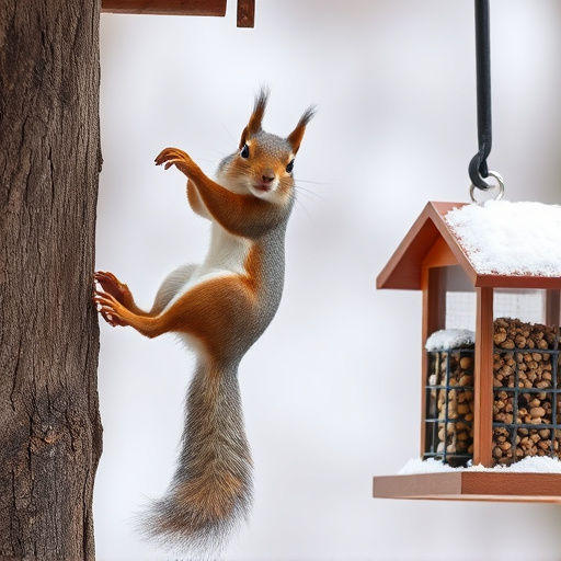 Squirrel climbing near protected bird feeder