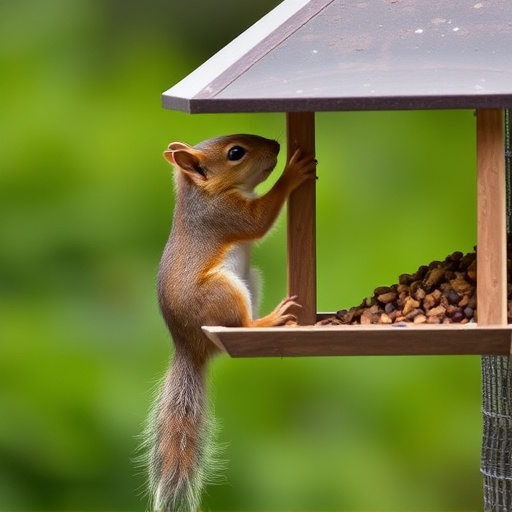Squirrel climbing near protected bird feeder