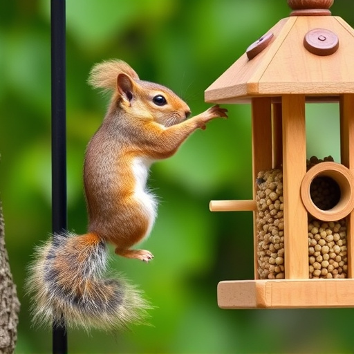 Squirrel climbing near protected bird feeder