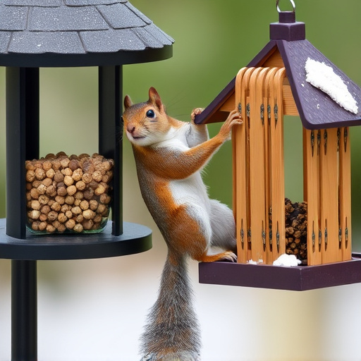 Squirrel climbing near protected bird feeder