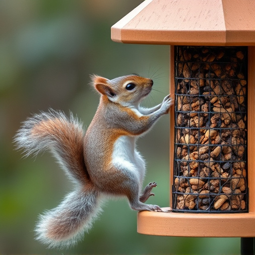 Squirrel climbing near protected bird feeder