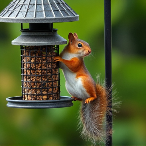Squirrel climbing near protected bird feeder