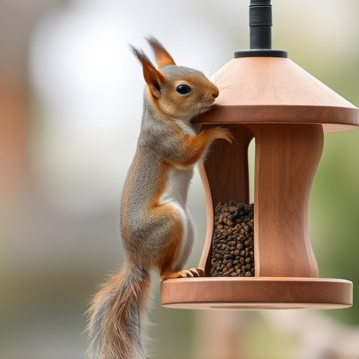 Squirrel climbing near protected bird feeder