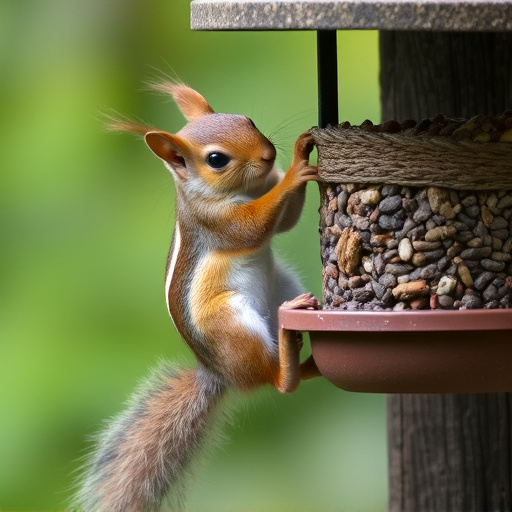 Squirrel climbing near protected bird feeder