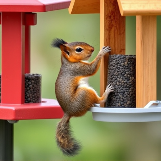 Squirrel climbing near protected bird feeder