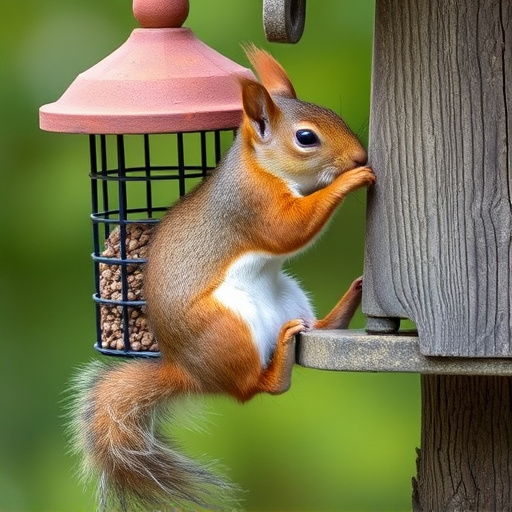 Squirrel climbing near protected bird feeder