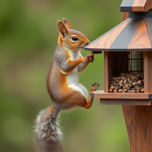 Squirrel climbing near protected bird feeder