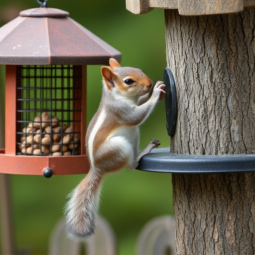 Squirrel climbing near protected bird feeder