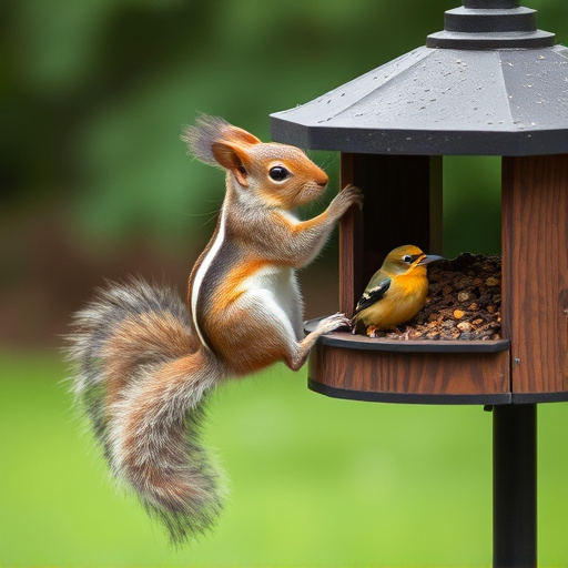 Squirrel climbing near protected bird feeder
