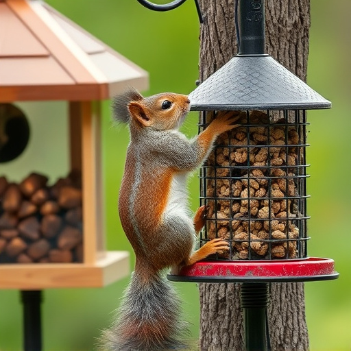 Squirrel climbing near protected bird feeder