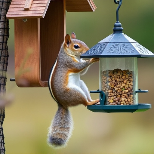 Squirrel climbing near protected bird feeder