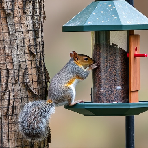 Squirrel climbing near protected bird feeder