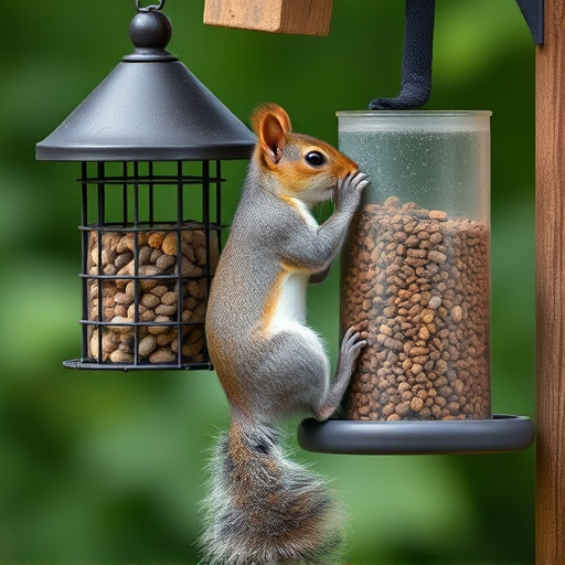 Squirrel climbing near protected bird feeder