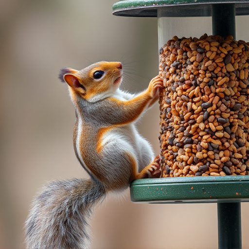 Squirrel climbing near protected bird feeder
