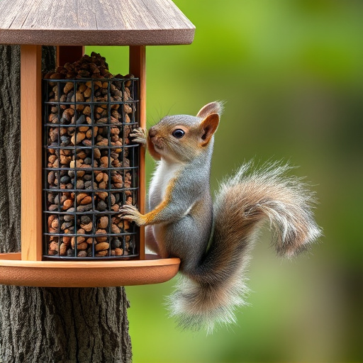 Squirrel climbing near protected bird feeder