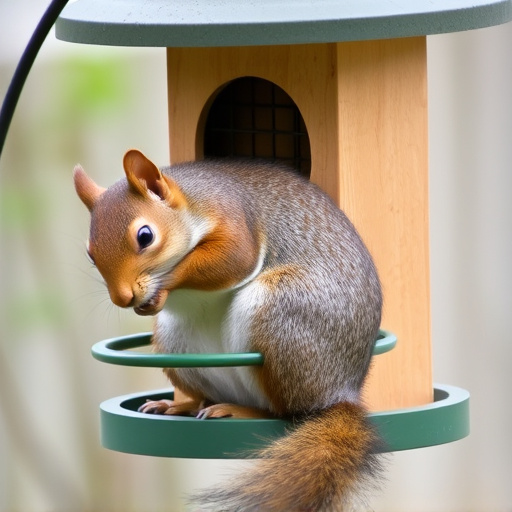 Squirrel nibbling on garden bird feeder blocked
