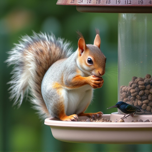 Squirrel nibbling on garden bird feeder blocked