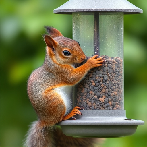 Squirrel nibbling on garden bird feeder blocked