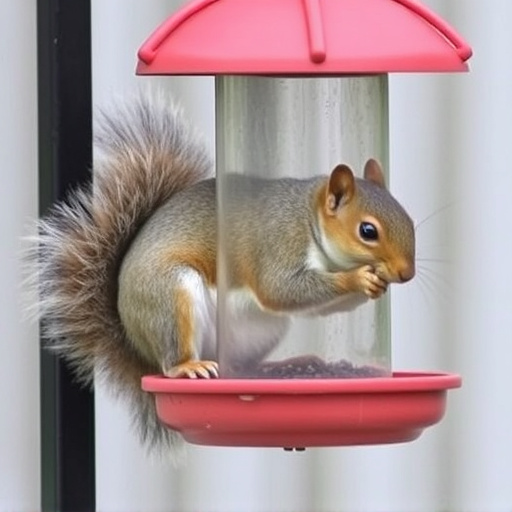 Squirrel nibbling on garden bird feeder blocked