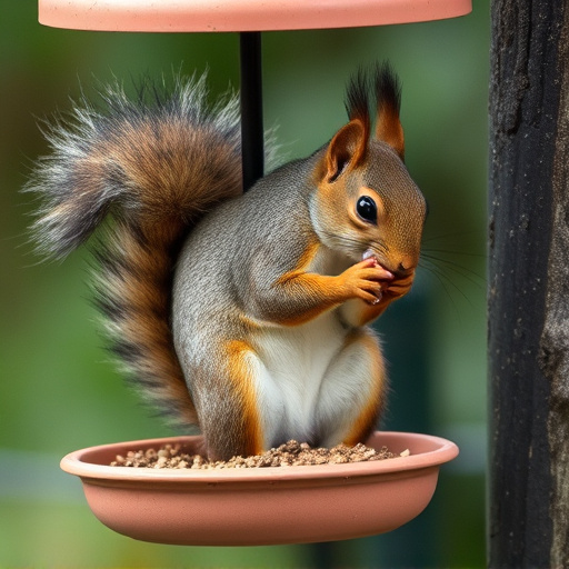 Squirrel nibbling on garden bird feeder blocked