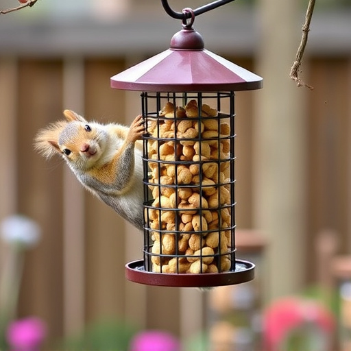 Squirrel-proof peanut feeder hanging in garden