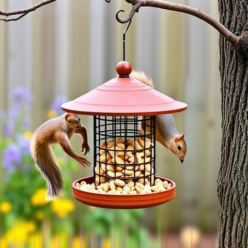 Squirrel-proof peanut feeder hanging in garden