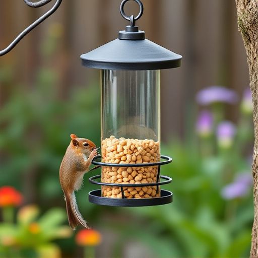 Squirrel-proof peanut feeder hanging in garden