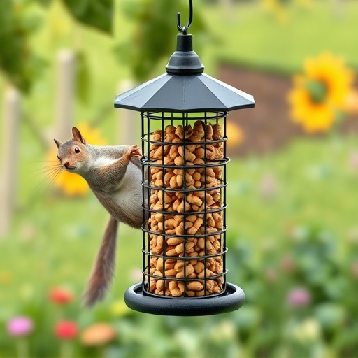Squirrel-proof peanut feeder hanging in garden