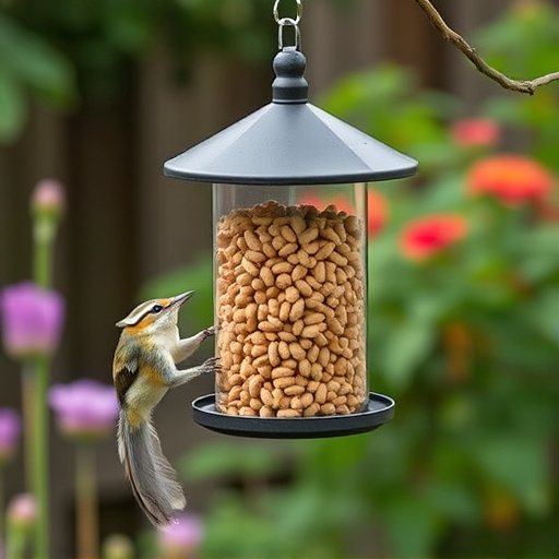 Squirrel-proof peanut feeder hanging in garden