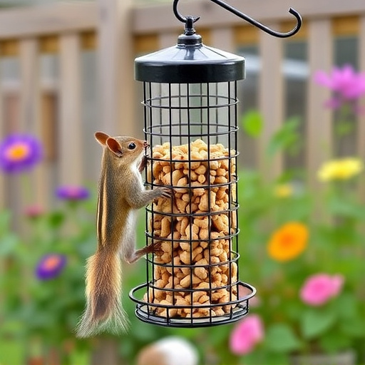 Squirrel-proof peanut feeder hanging in garden