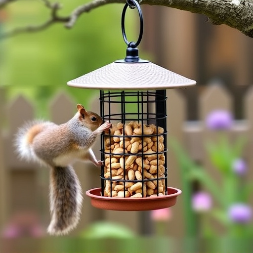 Squirrel-proof peanut feeder hanging in garden