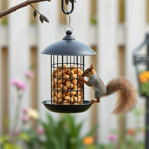 Squirrel-proof peanut feeder hanging in garden