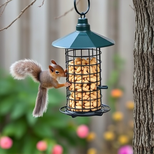 Squirrel-proof peanut feeder hanging in garden