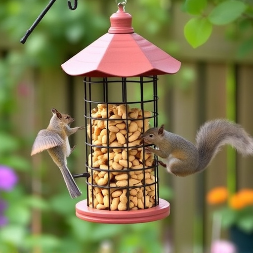Squirrel-proof peanut feeder hanging in garden