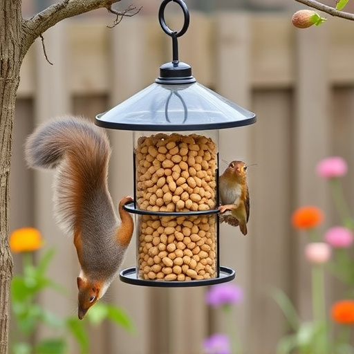 Squirrel-proof peanut feeder hanging in garden