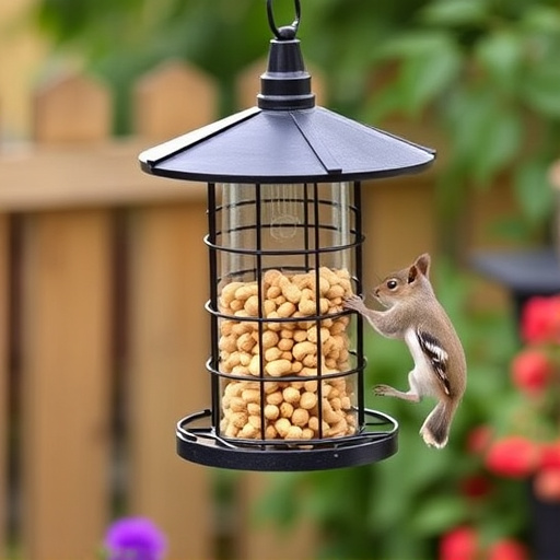 Squirrel-proof peanut feeder hanging in garden