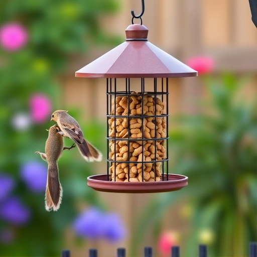 Squirrel-proof peanut feeder hanging in garden