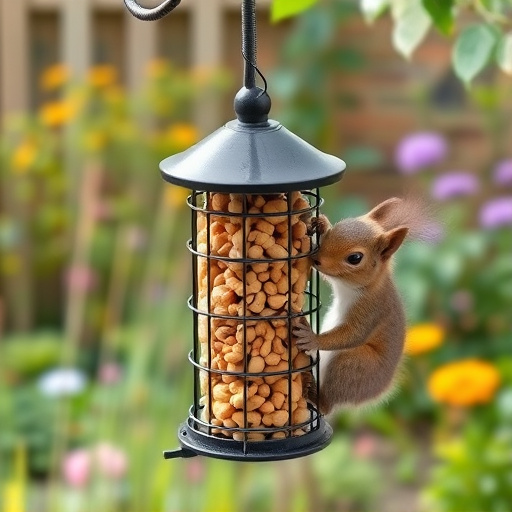 Squirrel-proof peanut feeder in garden