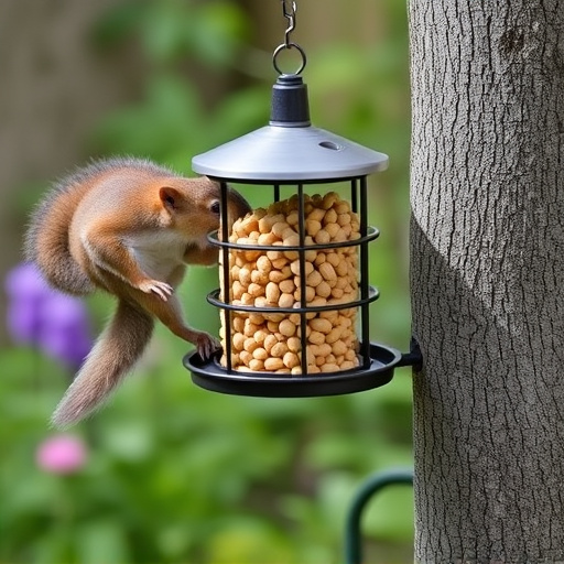 Squirrel-proof peanut feeder in garden