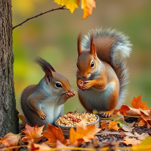 Squirrels near autumn bird food